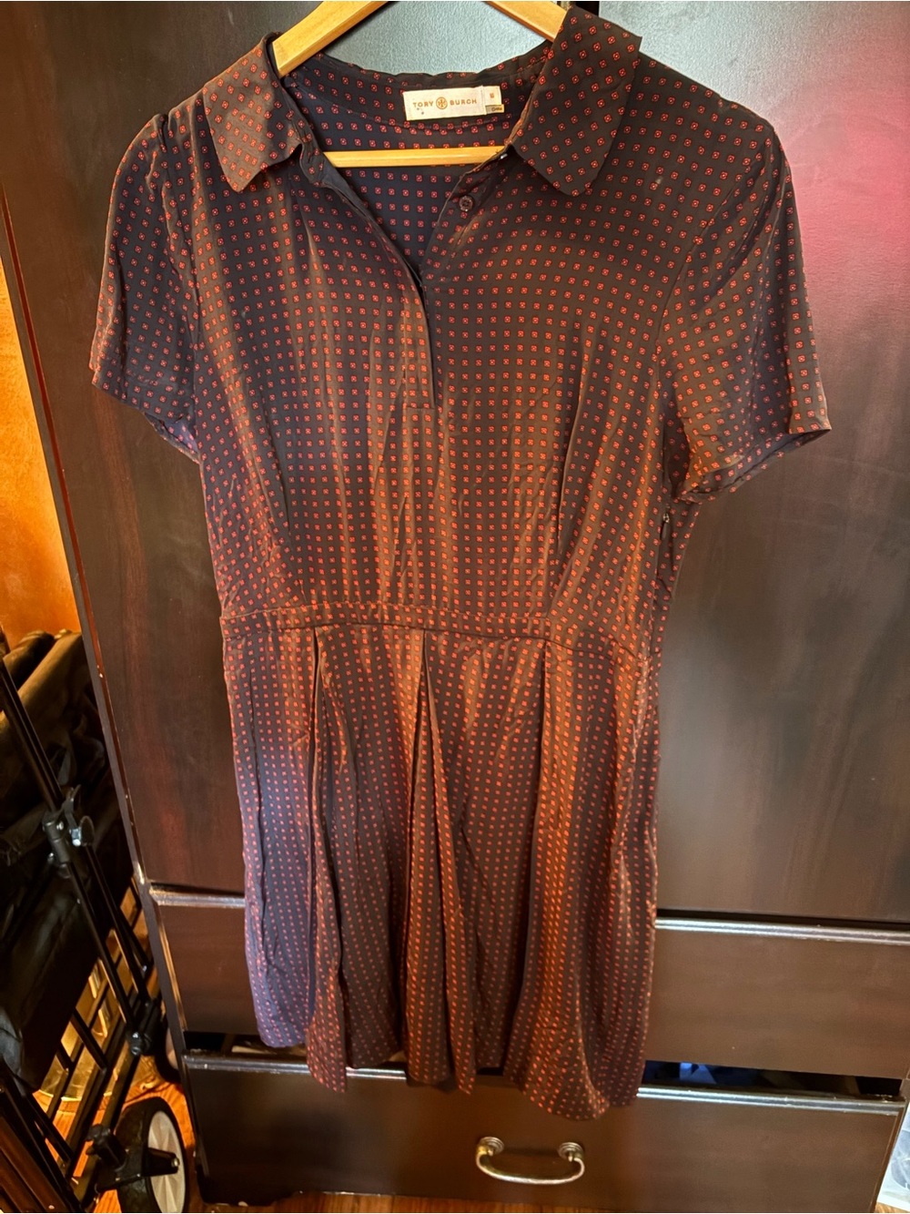 Tory Burch Navy Short-Sleeve Shirt Dress with Red Dot Print